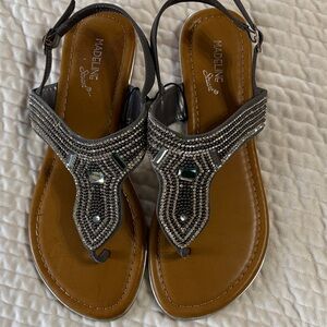 New Madeline Stuart Pewter Crystal & Beaded T-Strap Sandals with Brown Footbed